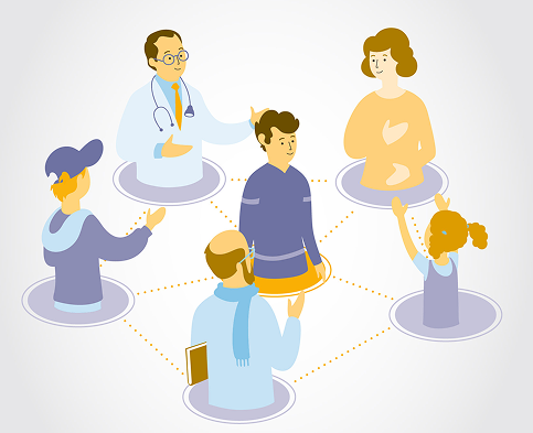 IIlustración de una persona adulta rodeada por las personas que componen su red de contención
