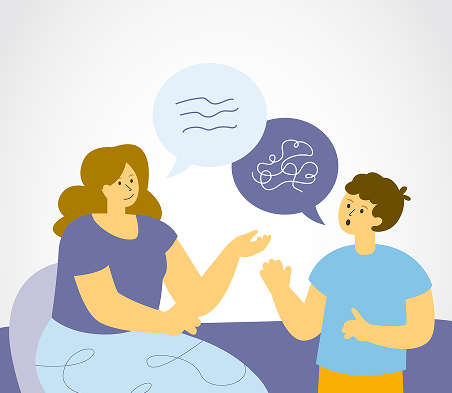 Ilustración de una persona adulta dialogando con un niño
