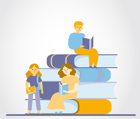 Ilustración de niños en edad escolar leyendo